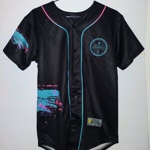 Black Graphic Baseball Jersey with Teal & Pink Accents